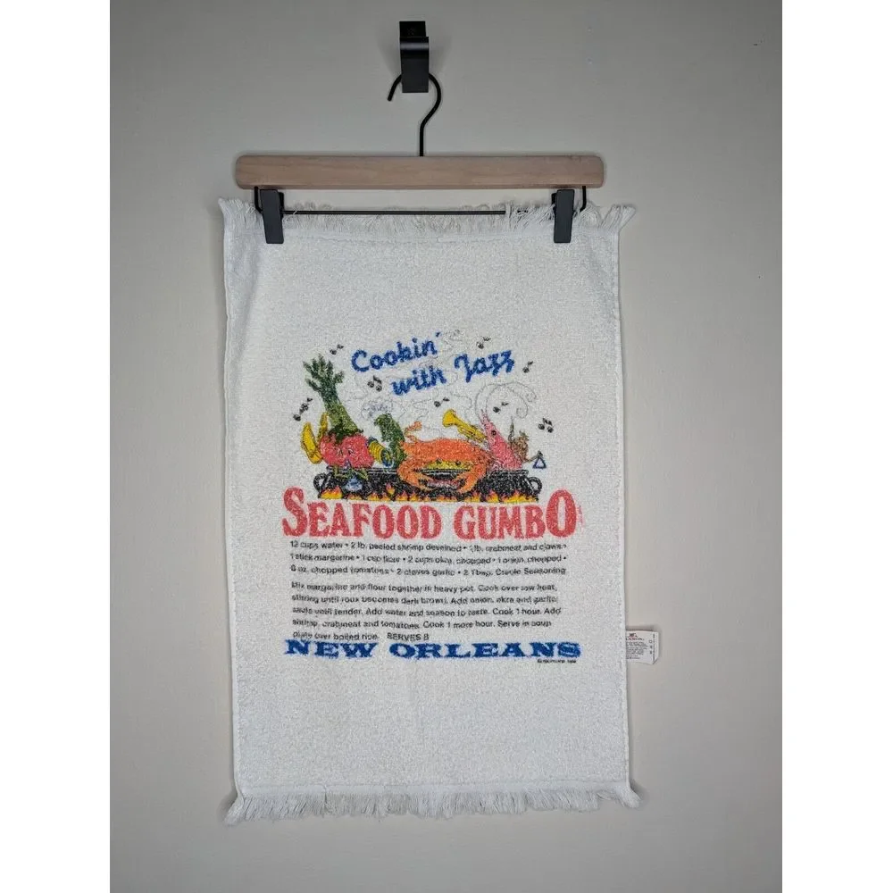 Vintage New Orleans Seafood Gumbo Recipe Kitchen Hand‎ Dish Towel Cooking 1989